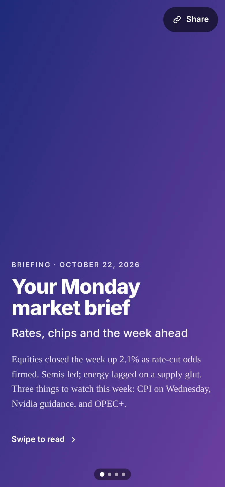 A briefing's full-screen title page on a phone: “Your Monday market brief” in large white type on an indigo-to-violet gradient, with a Share button and four page dots, the first highlighted.